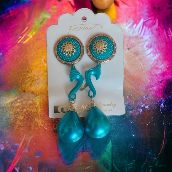 Dangling Earrings 4” Gold Toned Accent Teardrop Style 80's Fashion Set Of 4 - Picture 2 of 11